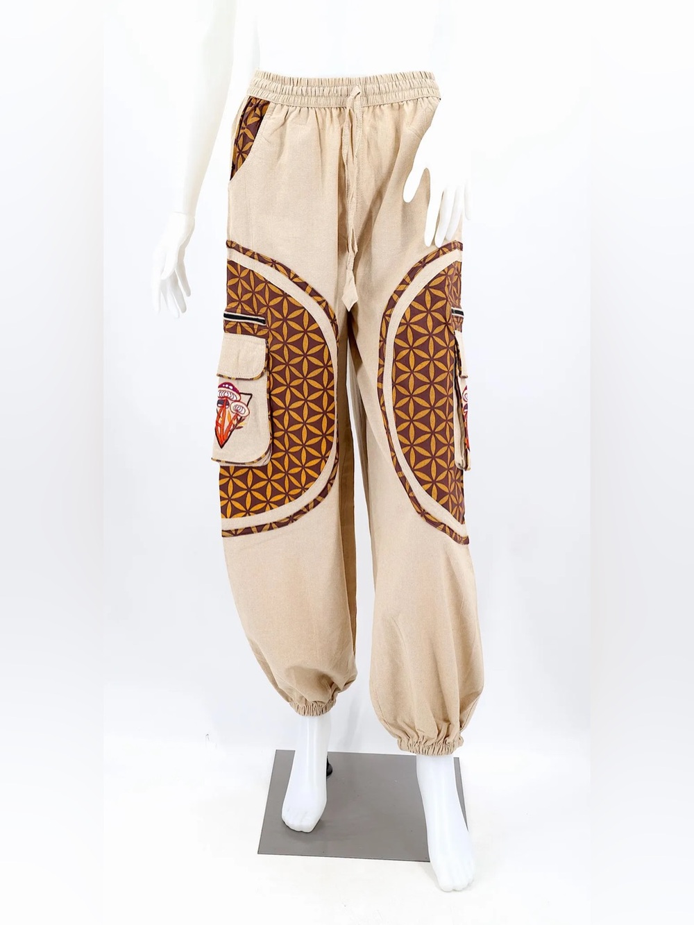 Beige Cargo Joggers with Colorful Graphic Patch - Picture 2 of 10